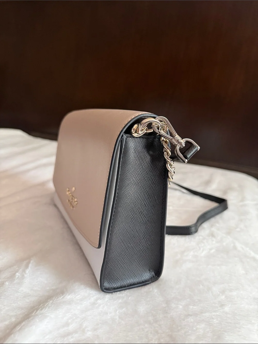 Kate Spade Beige and White Saffiano Leather Crossbody with Black Strap